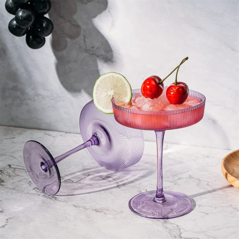 Ribbed Coupe Cocktail Glasses 8 oz | Set of 2 (Lavender, Set of 2)-2