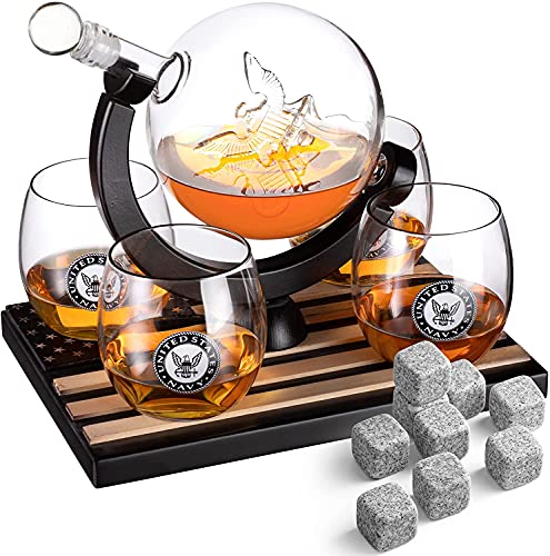 U.S. Navy Globe Whiskey Decanter Set with 4 Liquor Glasses-0