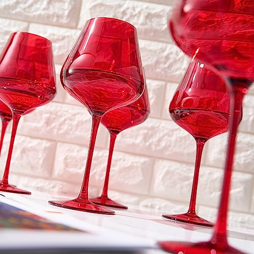 Colored Crystal Wine Glass Set of 6 - Large 20 oz Glasses (Bright Red)-3