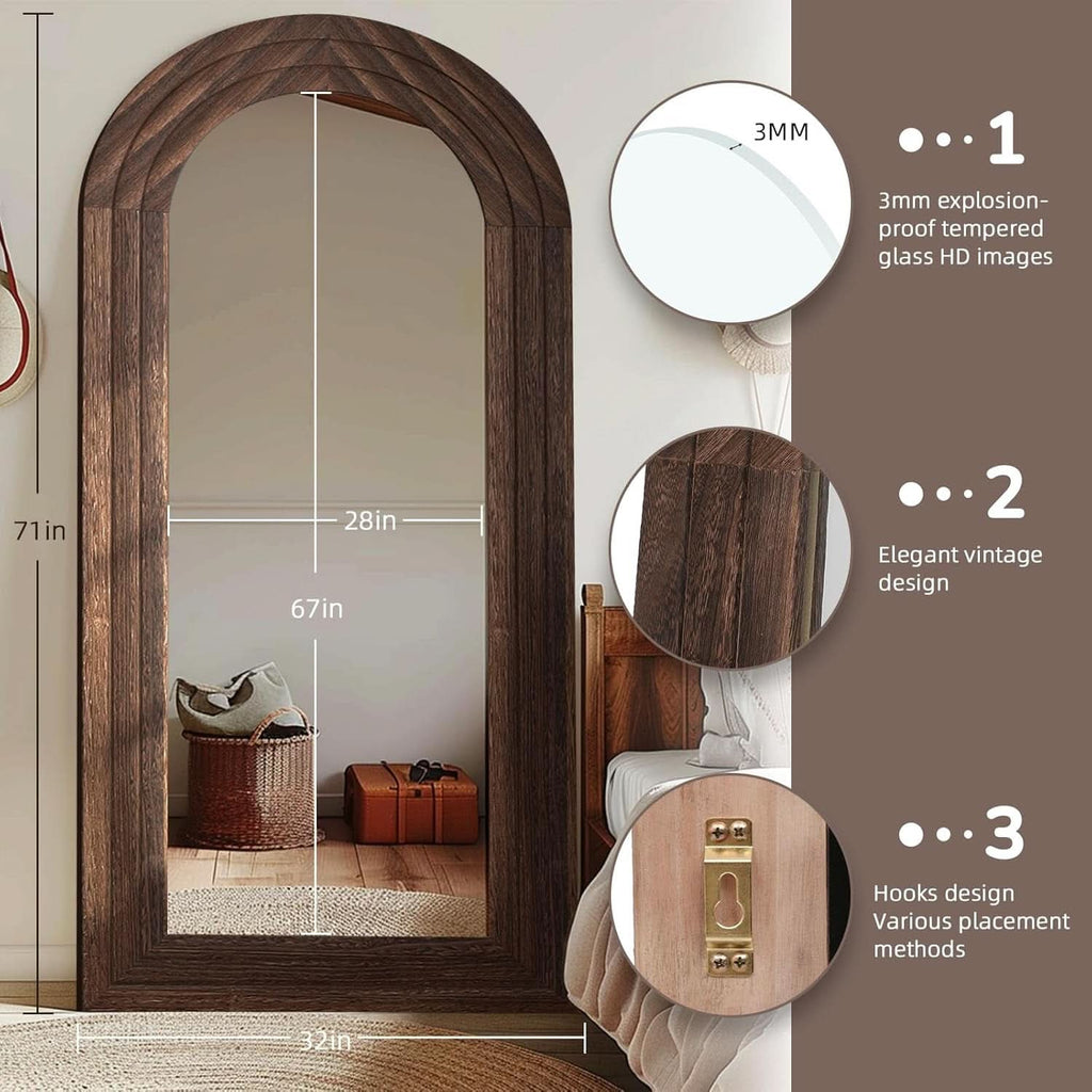 Arched Full Length Mirror 71x32 Inch Brown Solid Wood Frame-1