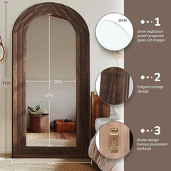 Arched Full Length Mirror 71x32 Inch Brown Solid Wood Frame-1