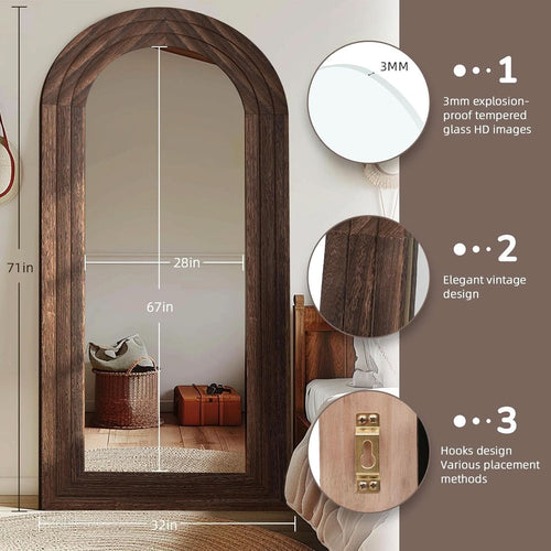 Arched Full Length Mirror 71x32 Inch Brown Solid Wood Frame-1