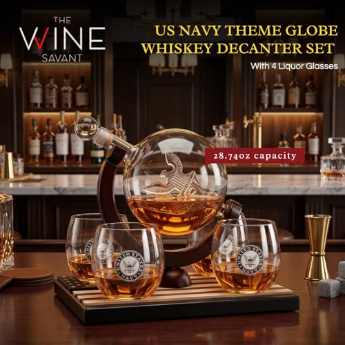 U.S. Navy Globe Whiskey Decanter Set with 4 Liquor Glasses-1