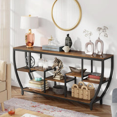 70.9 Inch Rustic Industrial Sofa Table Storage Shelves-4