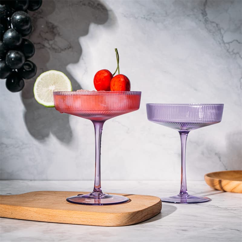 Ribbed Coupe Cocktail Glasses 8 oz | Set of 2 (Lavender, Set of 2)-1