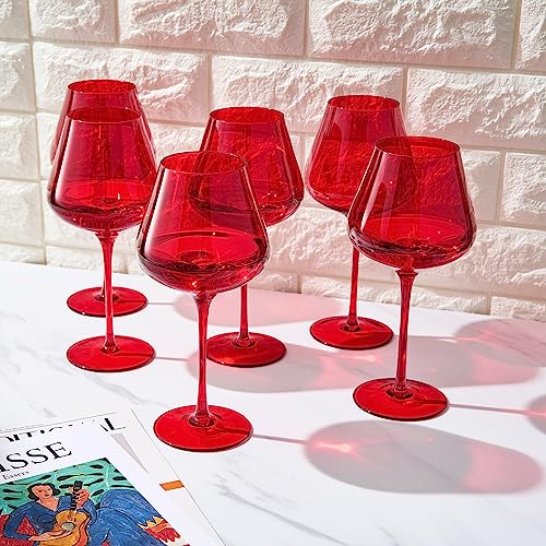 Colored Crystal Wine Glass Set of 6 - Large 20 oz Glasses (Bright Red)-1