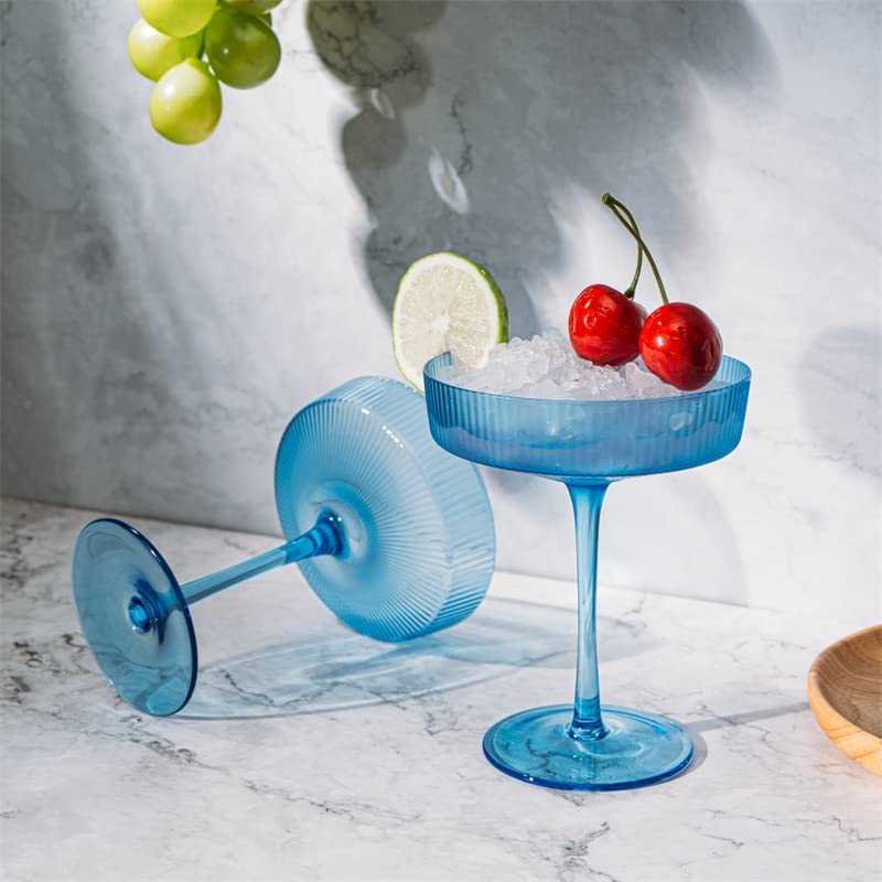 Ribbed Coupe Cocktail Glasses 8 oz | Set of 2 (Blue)-2