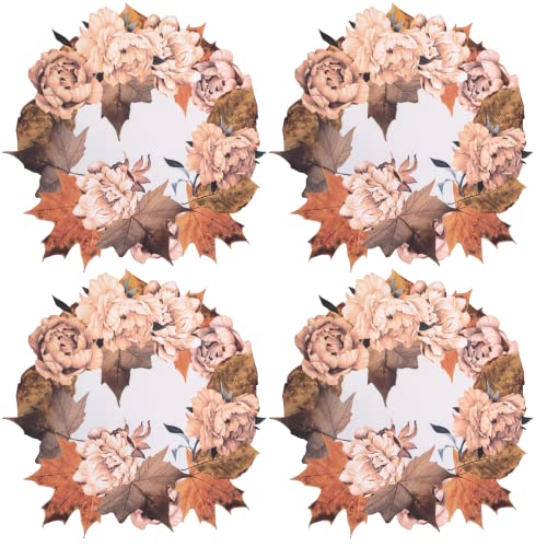 Set of 4 Waterproof Premium Placemats Thanksgiving Maple Flower Wreath-3