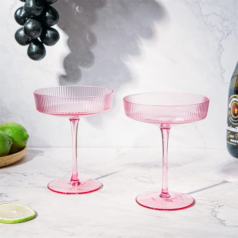 The Wine Savant Ribbed Coupe Cocktail Glasses 8 oz | Set of 2 (Rose Pink)-1