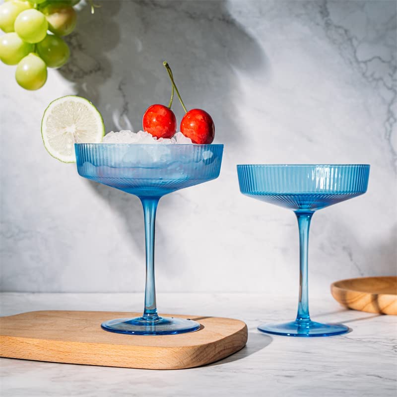 Ribbed Coupe Cocktail Glasses 8 oz | Set of 2 (Blue)-1