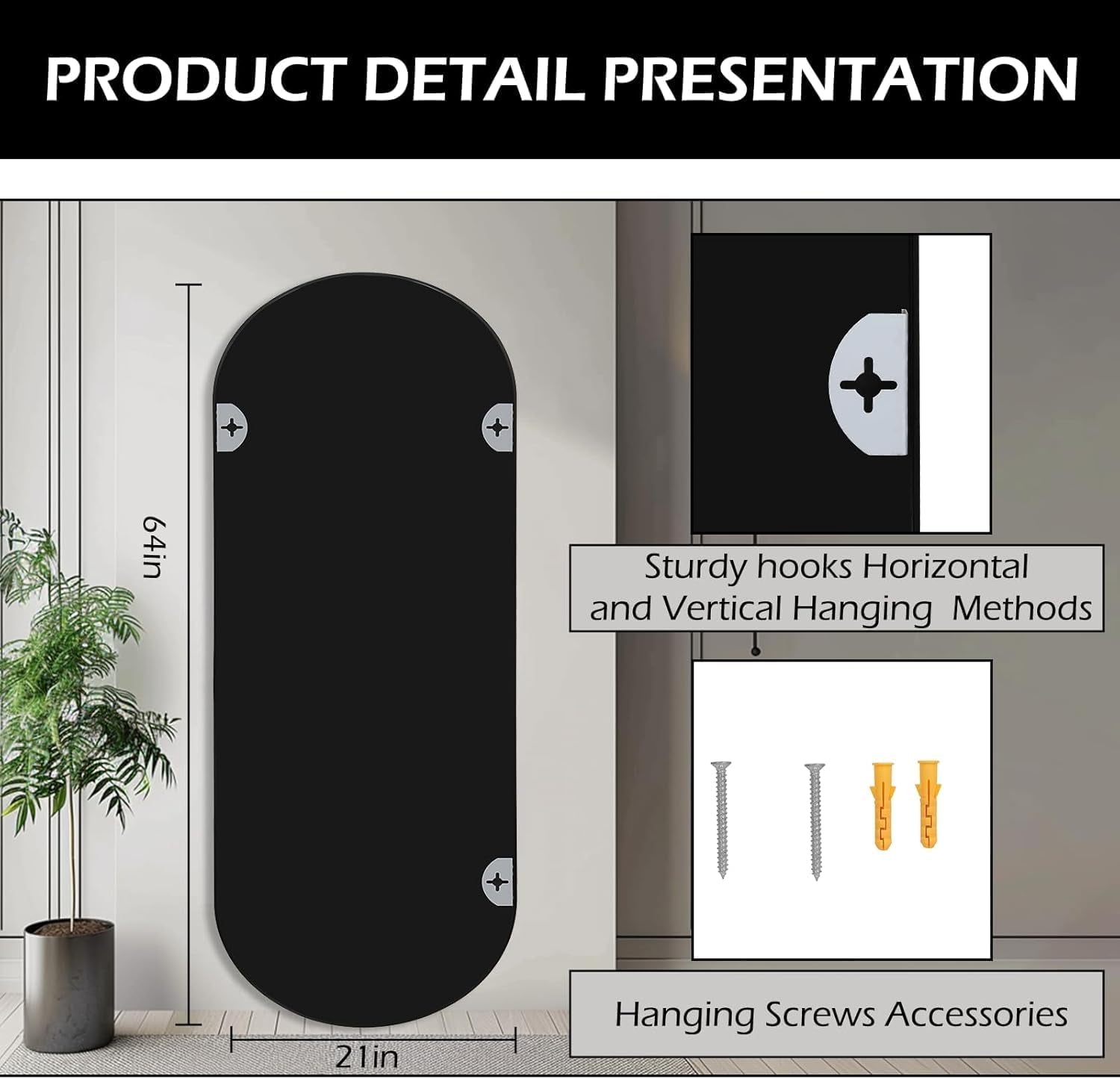 Architectural Arched Full Length Mirror 64x21 Inches Black-2