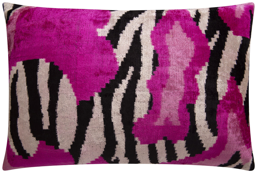 Bold Handmade Silk Velvet Throw Pillow - 16x24, Fuchsia and Black Abstract Animal Print with Down Feather Insert-2