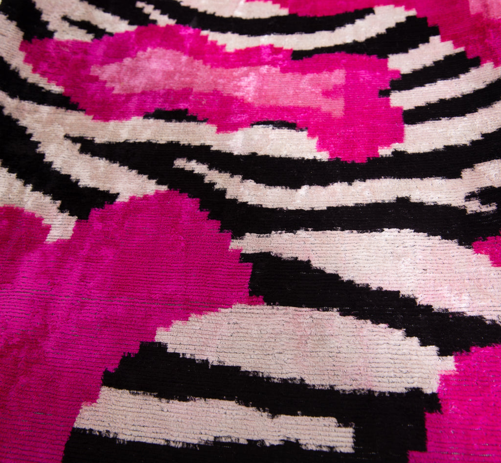 Bold Handmade Silk Velvet Throw Pillow - 16x24, Fuchsia and Black Abstract Animal Print with Down Feather Insert-1