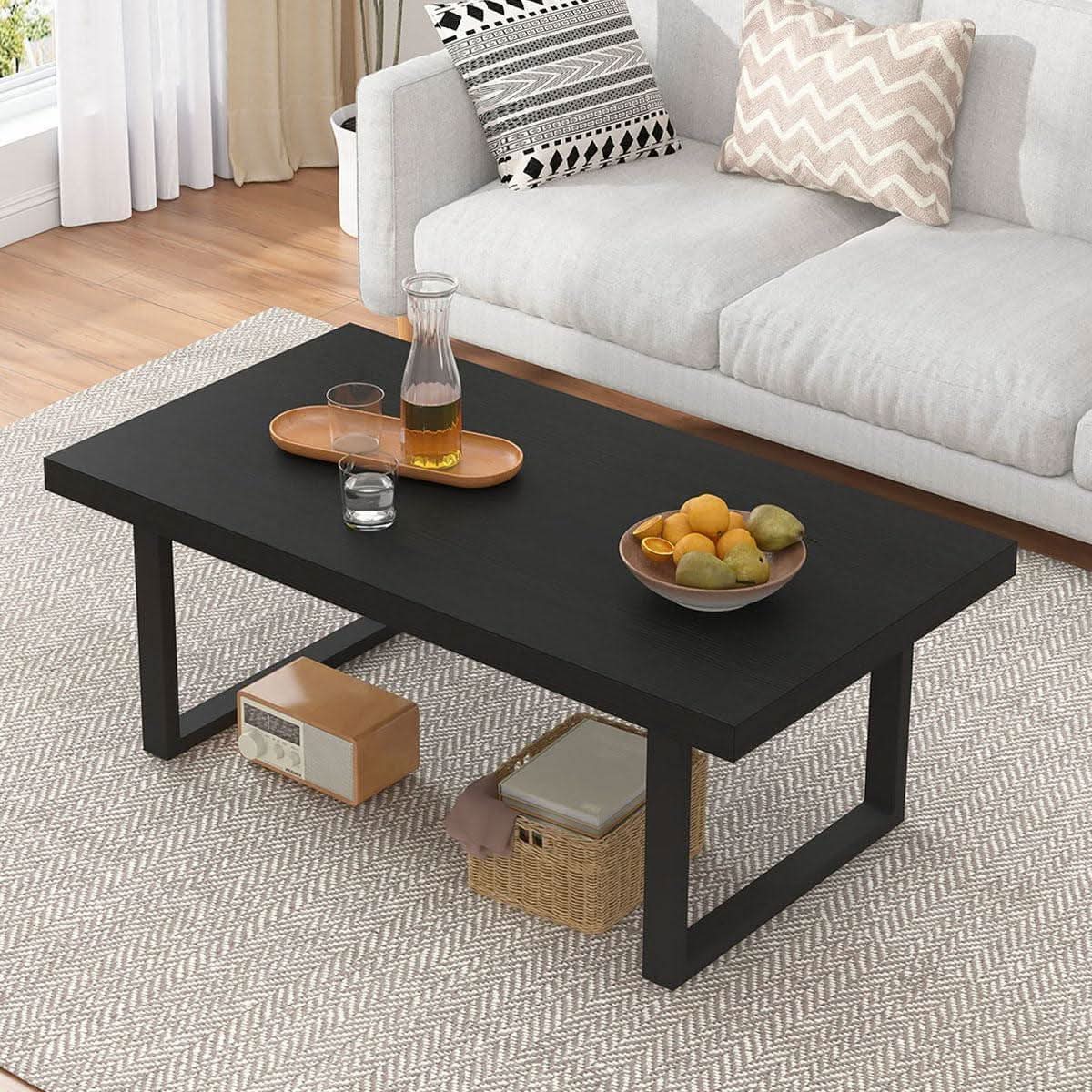 Matte Black Oak Industrial Rectangular Coffee Table-0