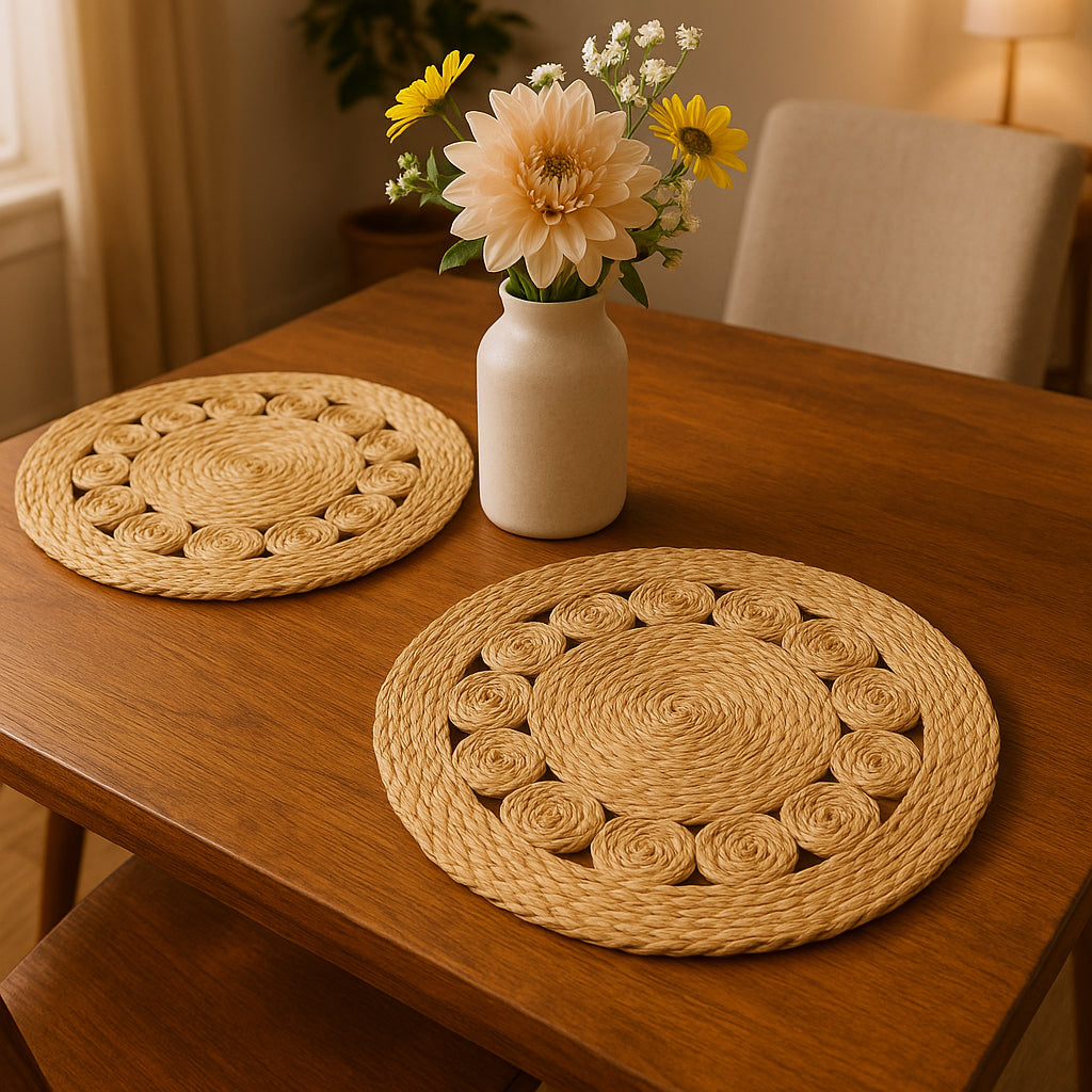 15" Set of Two Natural Braided Jute Round Placemats-0