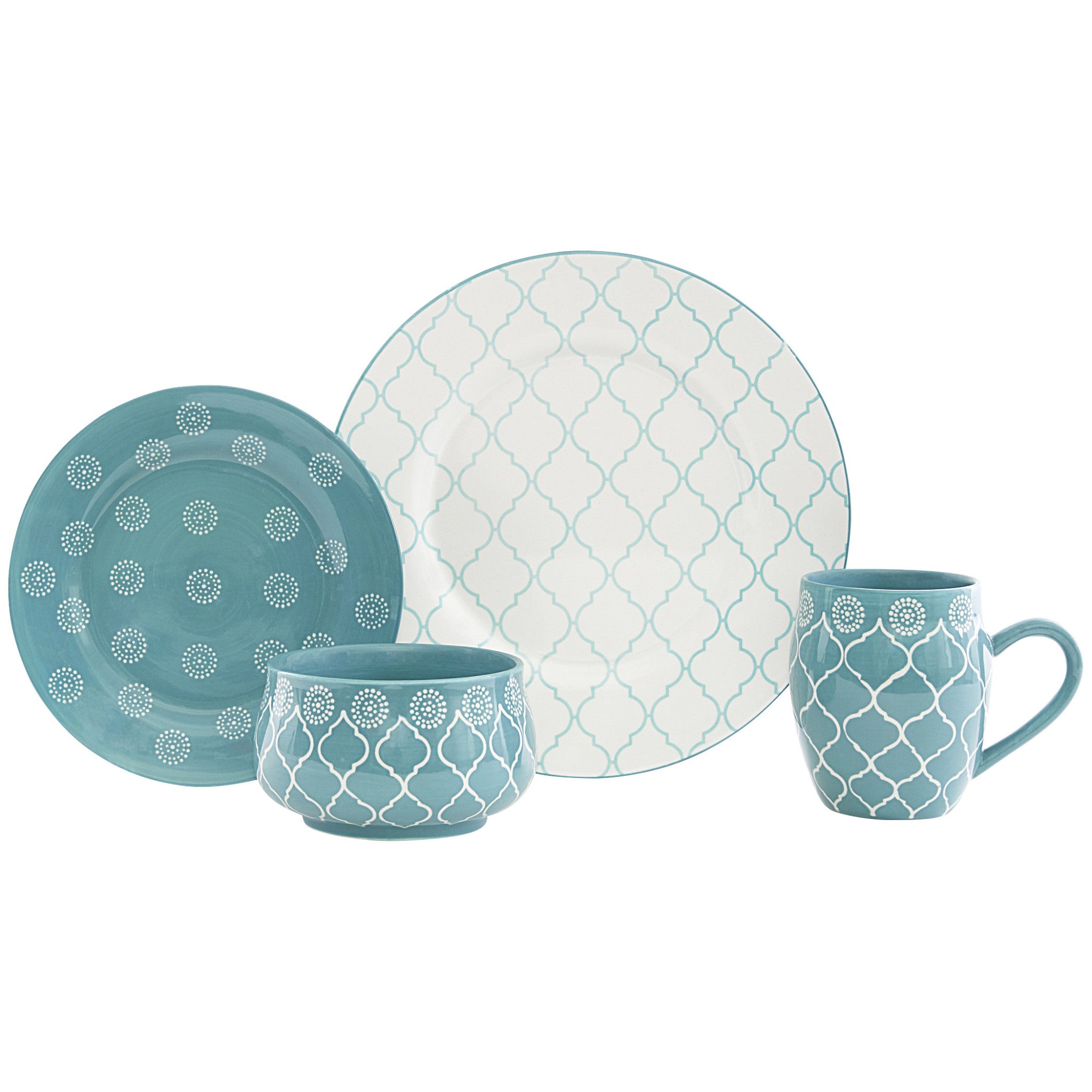 Turquoise Sixteen Piece Round Trellis Ceramic Service For Four Dinnerware Set-0