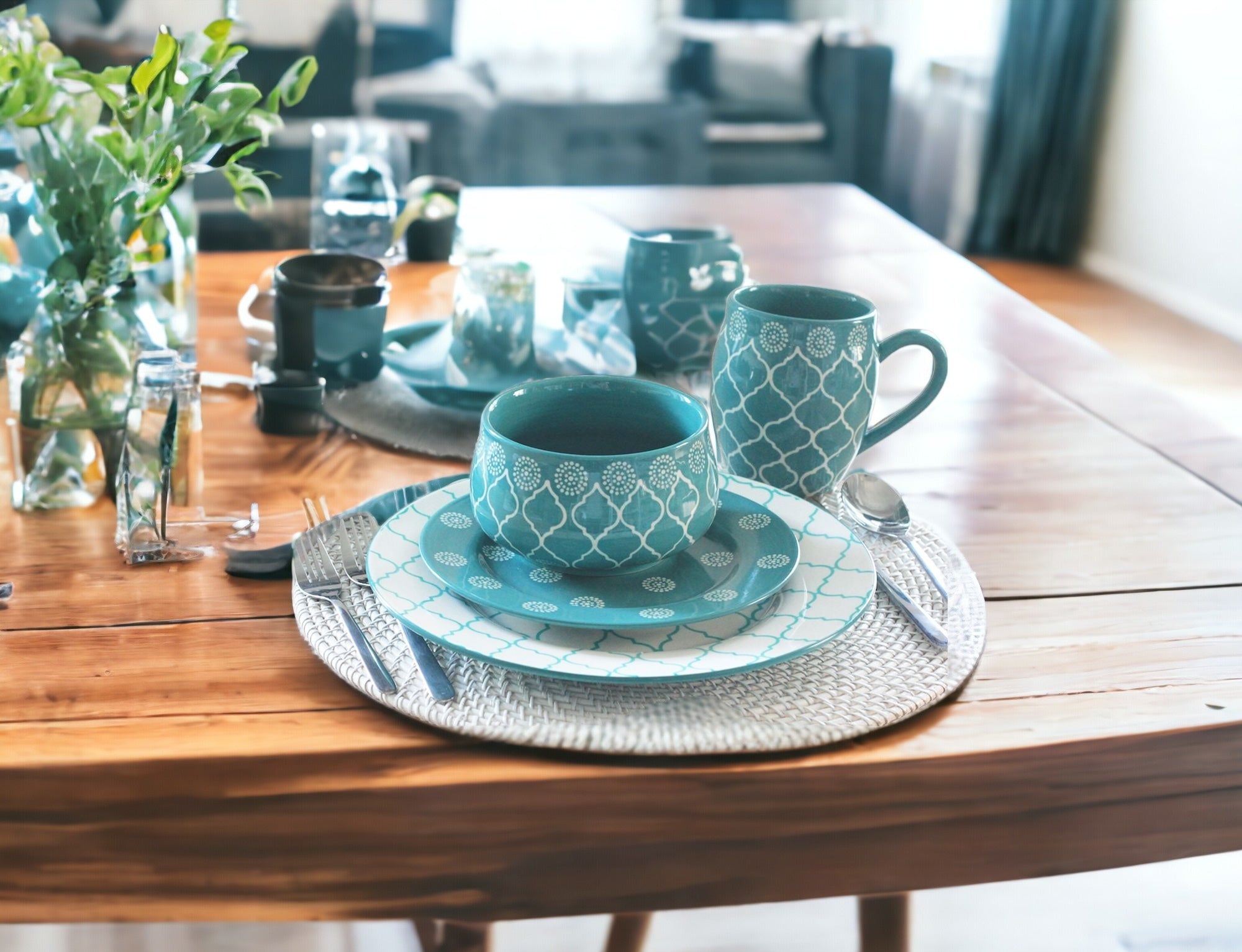 Turquoise Sixteen Piece Round Trellis Ceramic Service For Four Dinnerware Set-1