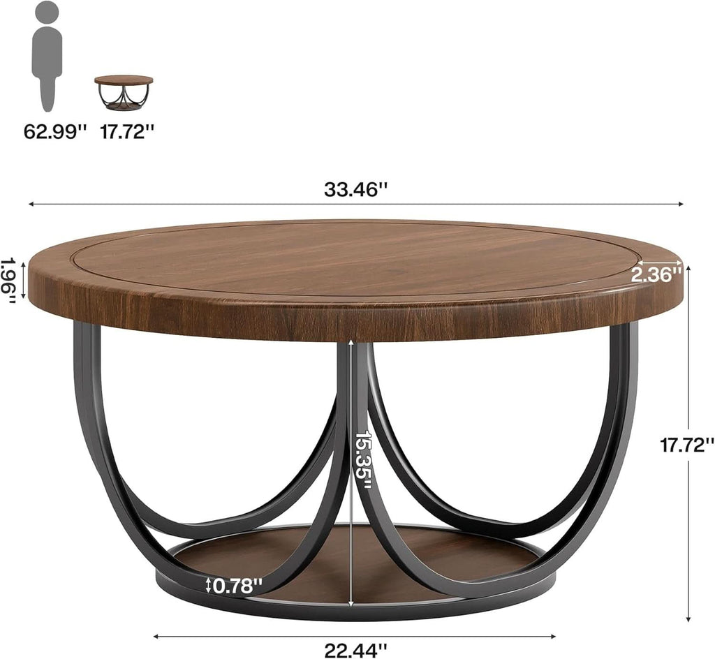 Round Coffee Table 33 Inch Brown Black Industrial Frame-1
