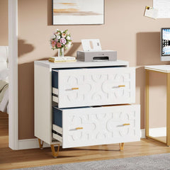 Two Drawer Lateral File Cabinet White And Gold For Legal Letter A4 Files Printer Stand Home Office-2