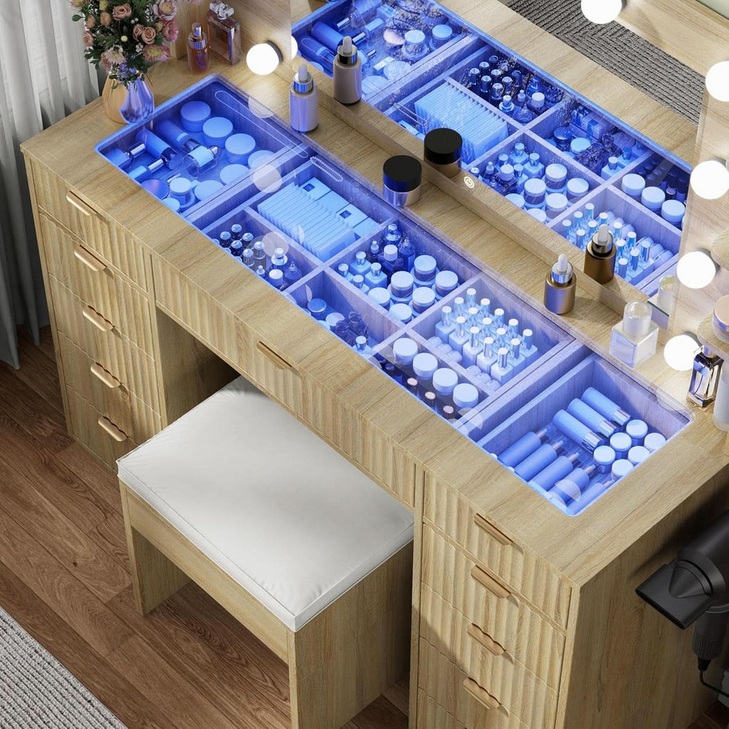 Vanity Desk With Translucent Glass Top Storage Drawers-2