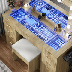 Vanity Desk With Translucent Glass Top Storage Drawers-2