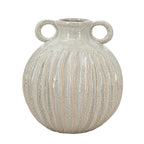 Decorative vase with ribbed texture and two handles on a white background