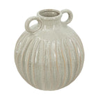 Ceramic vase with ribbed texture and two handles on a white background