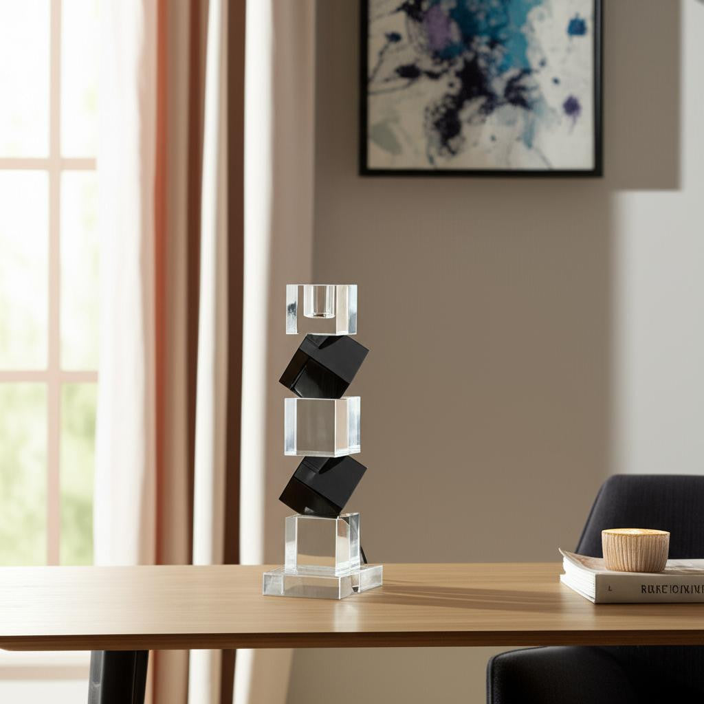 9" Black And Clear Crystal Tabletop Taper Candlestick-0