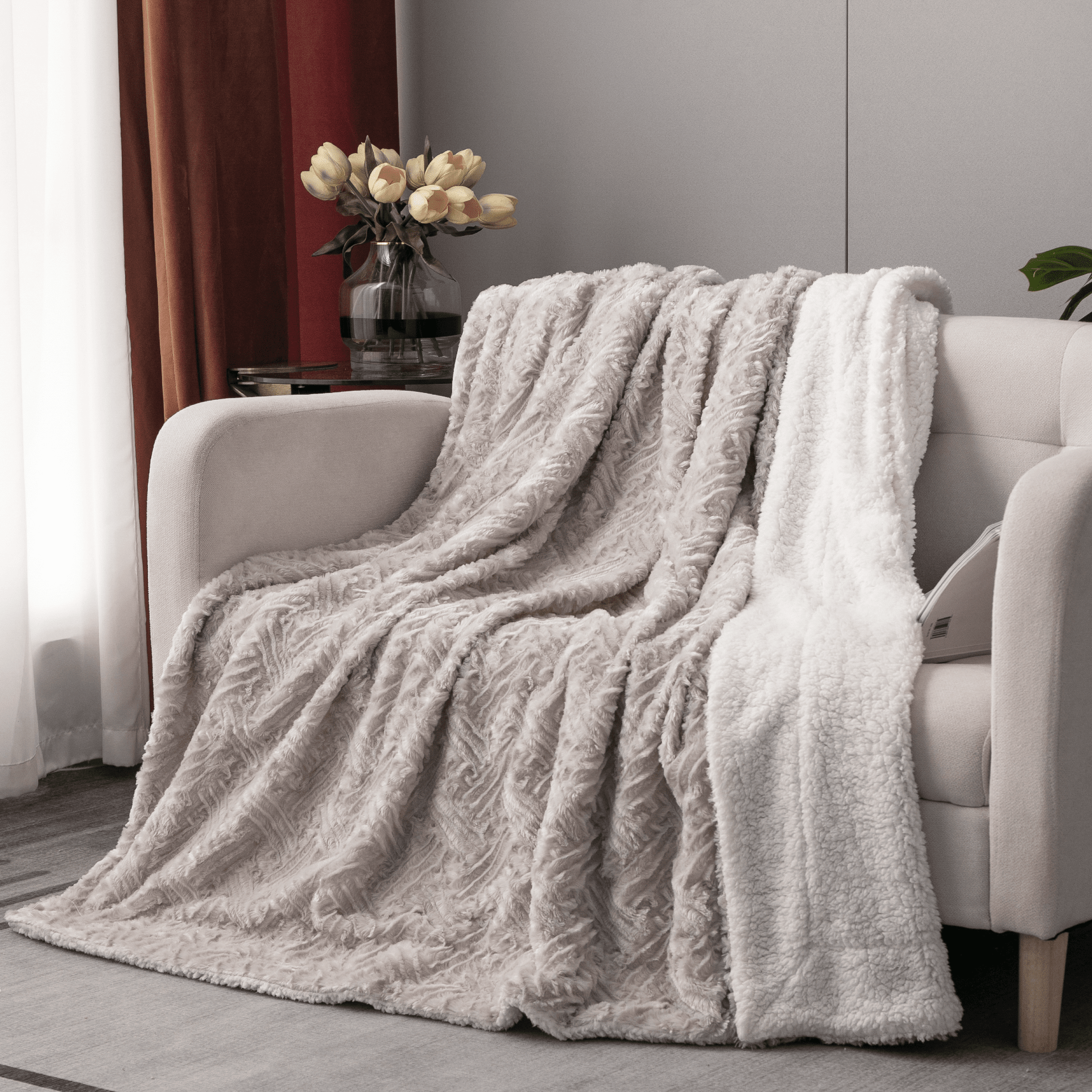 DaDalogy Lavender Grey Faux Fur Sherpa Throw Blanket-1