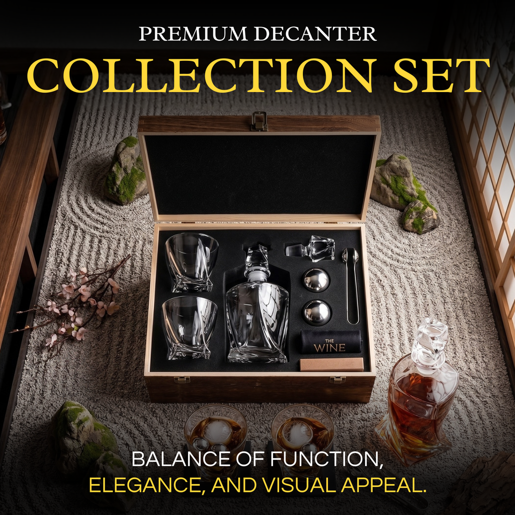 Japanese Crystal Whiskey Decanter Set in Wooden Storage Box