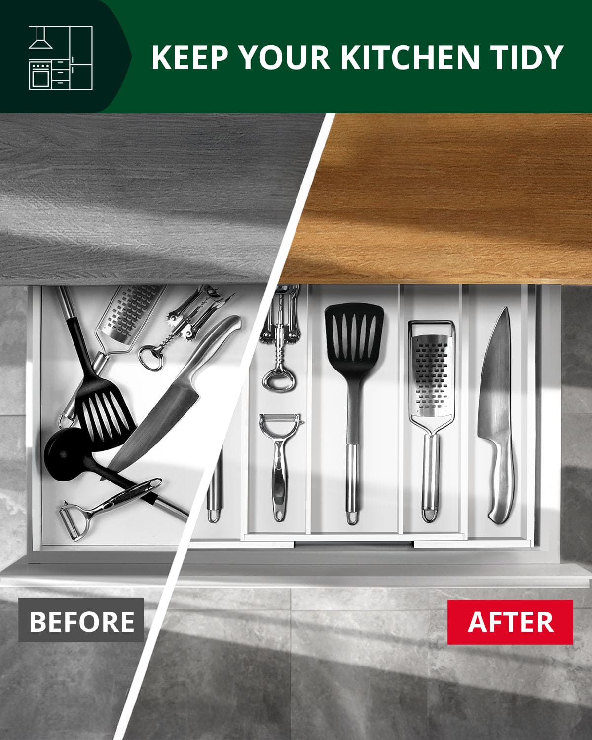 Utensil Drawer Organizer, White (5 Slots)-2