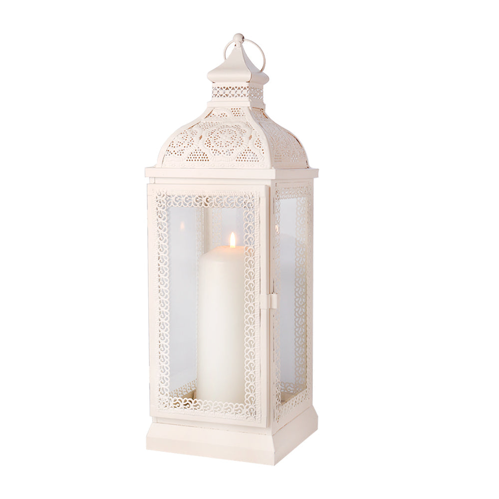 Rustic Metal Decorative Candle Lantern Hanging  Candle Holder with Tempered Glass(White)-1