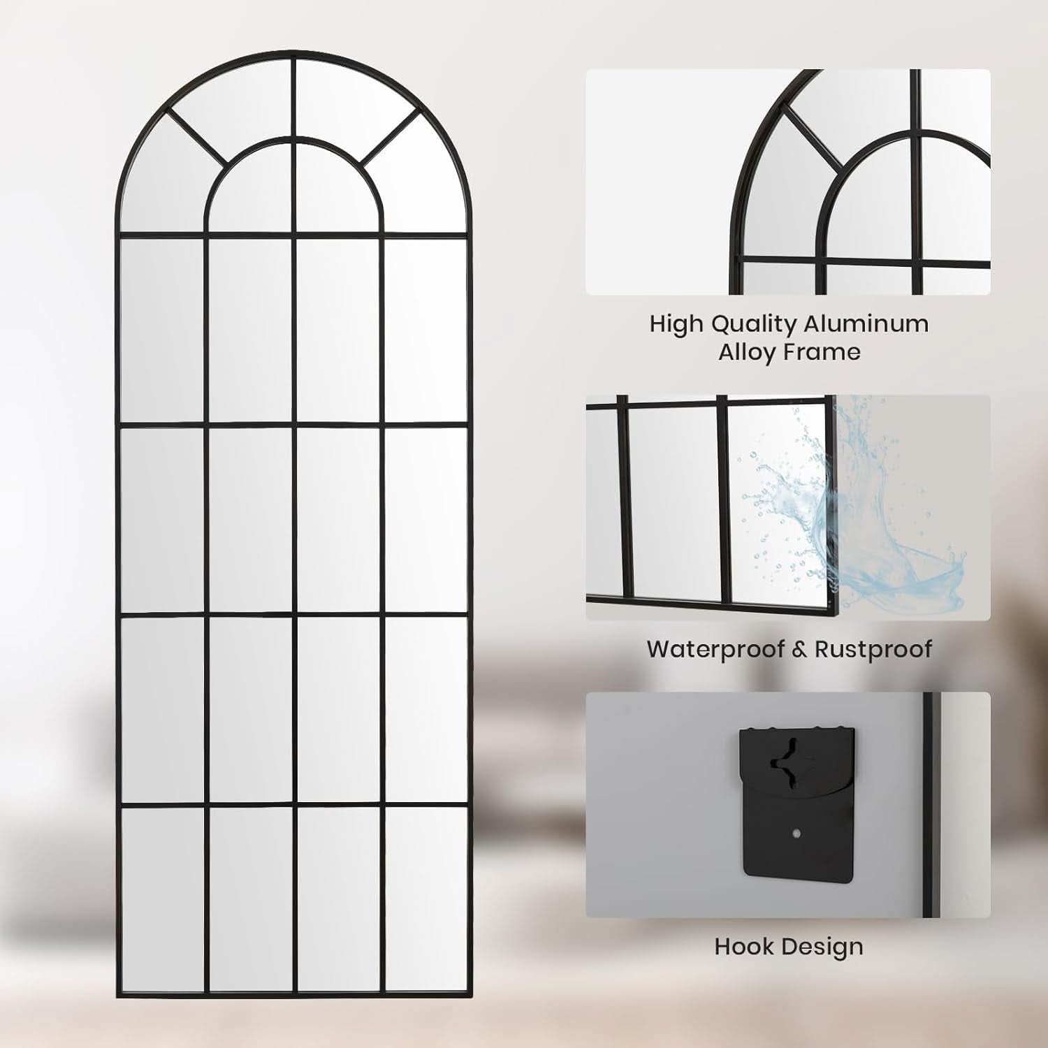 Elegant Arched Windowpane 71x30 Full Length Mirror Black-3