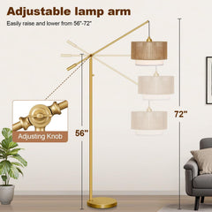 Stepless Dimmable Arc Floor Lamp Gold Finish Rattan Shade Farmhouse-4