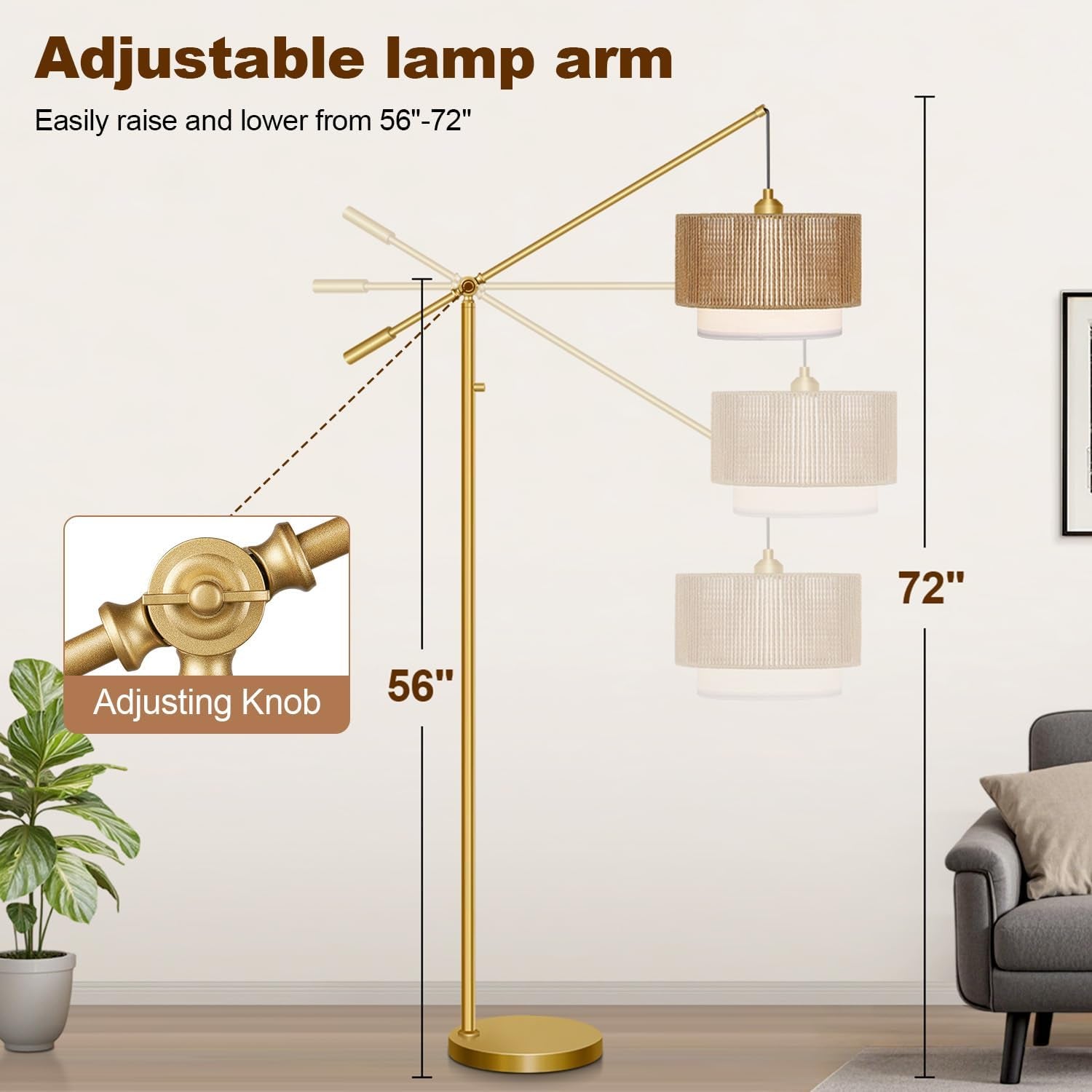 Stepless Dimmable Arc Floor Lamp Gold Finish Rattan Shade Farmhouse-4