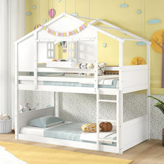 Twin Over Twin White Wood House Bunk Bed For Kids Room-1