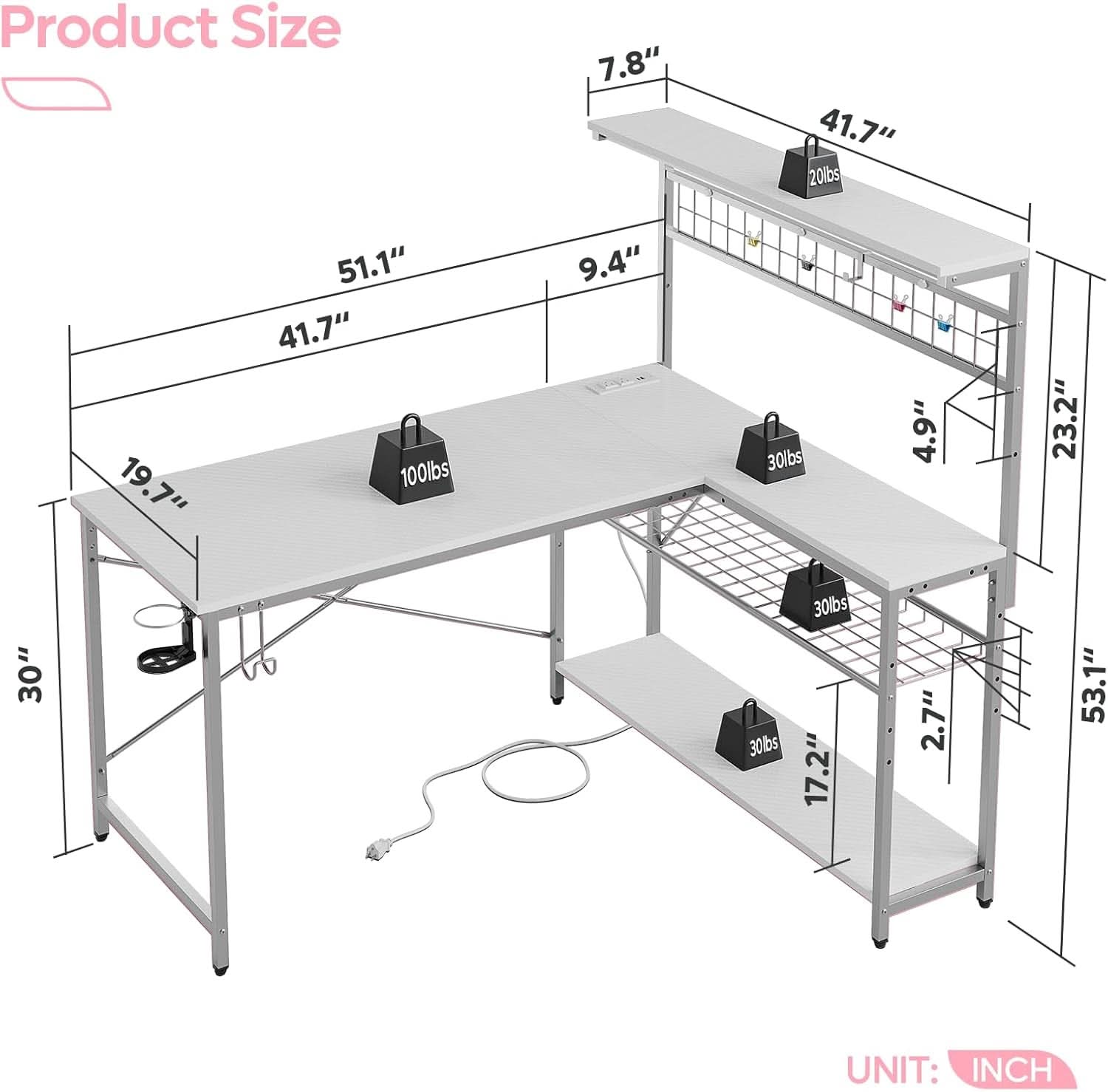 51 Inch L Shaped Gaming Desk With LED Lights And Outlets-2