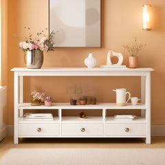 Vintage White Console Table With Storage Drawers And Shelves-0
