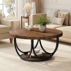 Round Coffee Table 33 Inch Brown Black Industrial Frame-3