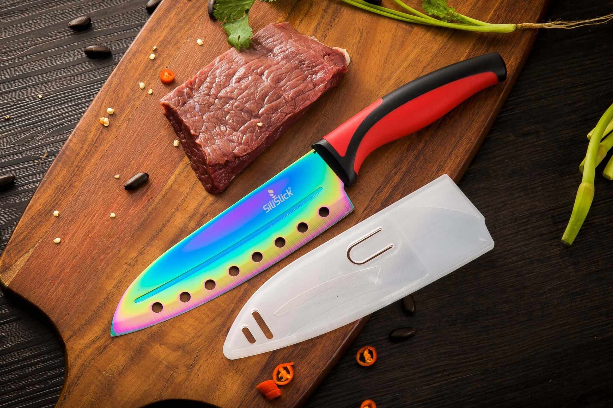 Kitchen Knife Set - Titanium Coated Blades - Red Handles