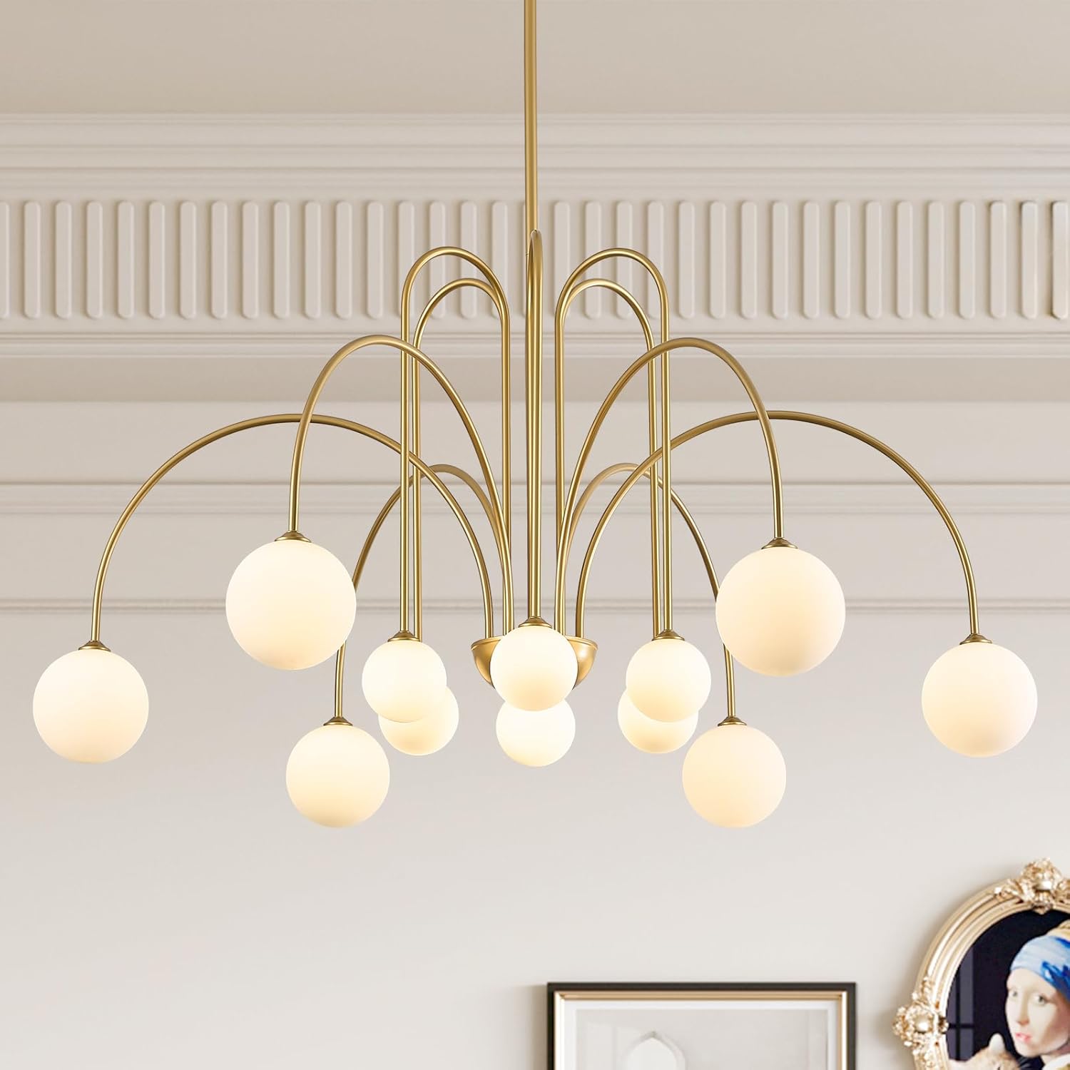 Gold Sputnik Chandelier 52 Inch Radiant Milk Glass Shades