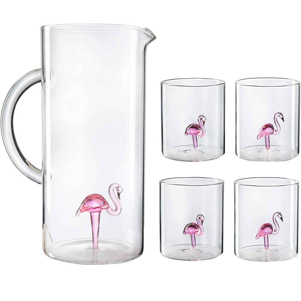 The Wine Savant Flamingo Pitcher & 4 Glasses Set Decanter-0