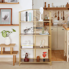 No Assembly Foldable Bookshelf 4 Tier Gold Bookcase-0