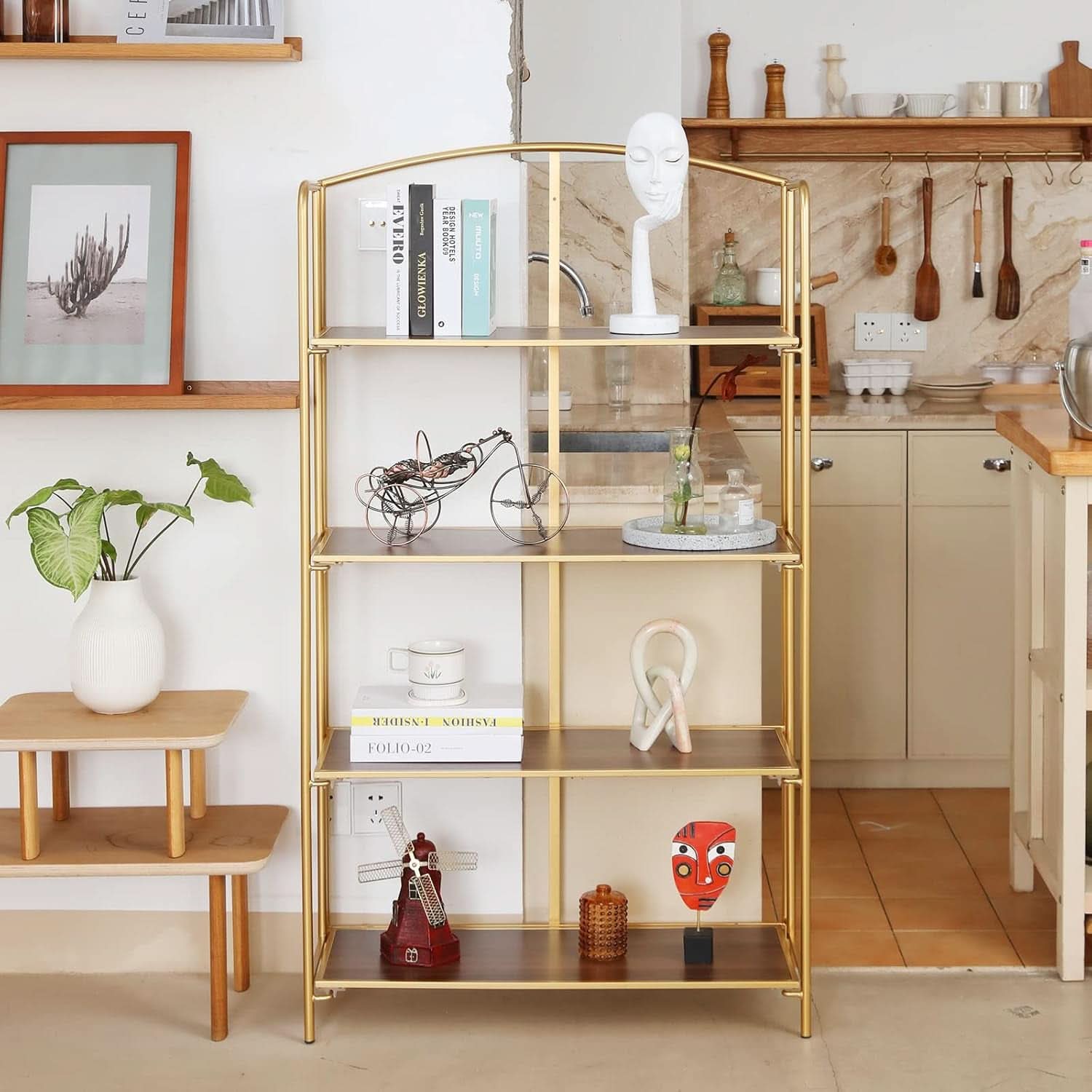 No Assembly Foldable Bookshelf 4 Tier Gold Bookcase-0