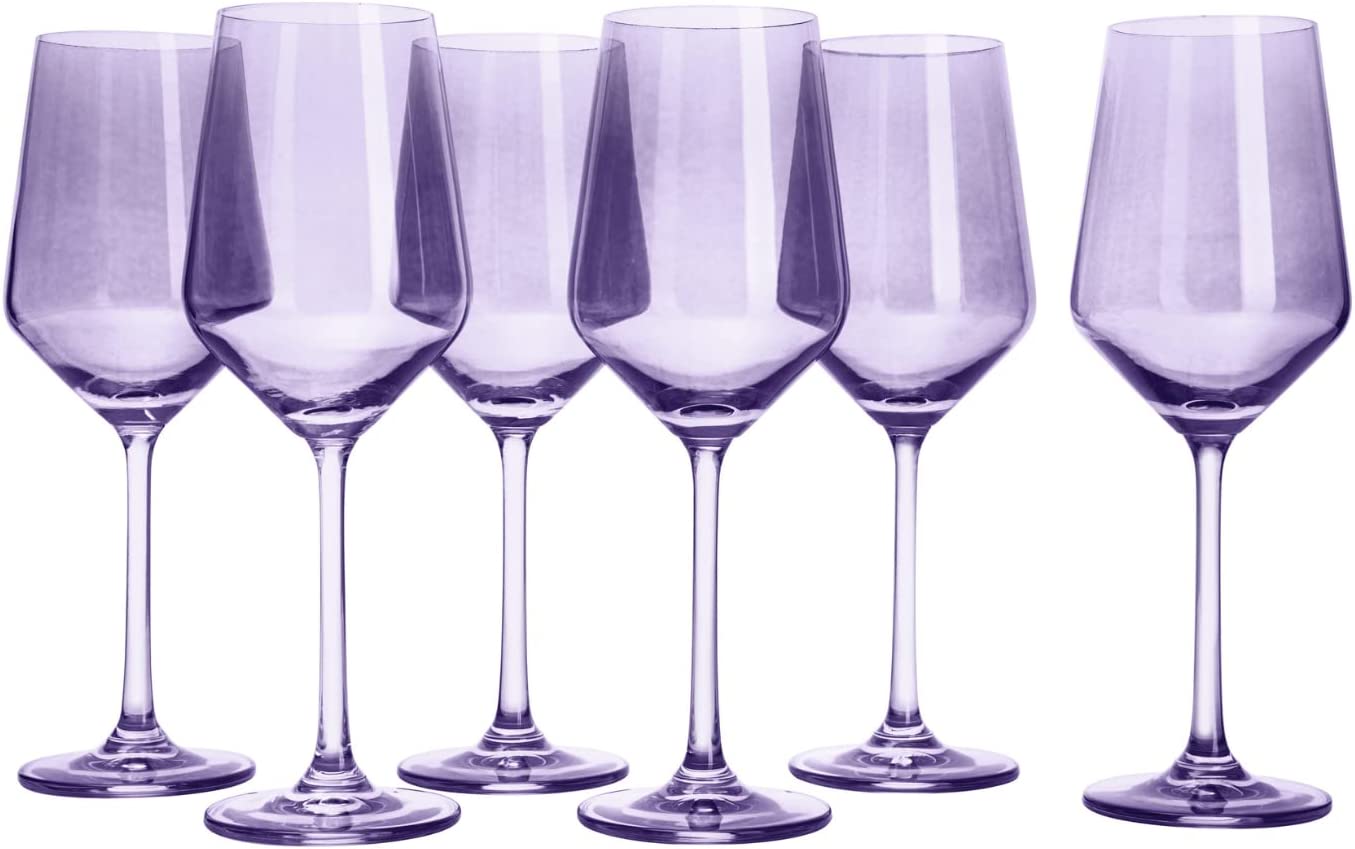 Set of 6 Colored Wine Glasses - 12 oz Hand Blown Italian Style (6, Lavender Purple)-3