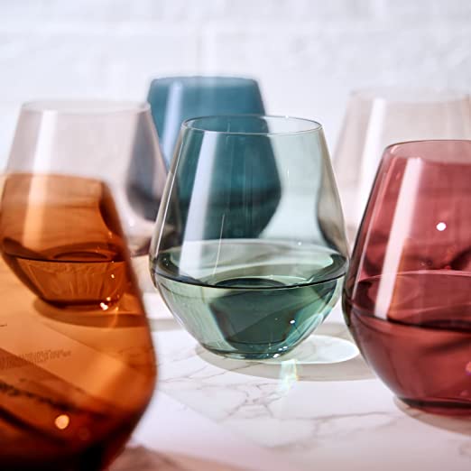 Colored Stemless Crystal Wine Glass Set of 6 - Large 16 oz (Pastel)-2