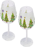 Set of 2 Stemmed Christmas Tree Design Wine Glasses - 14 oz-3