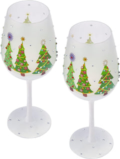 Set of 2 Stemmed Christmas Tree Design Wine Glasses - 14 oz-3
