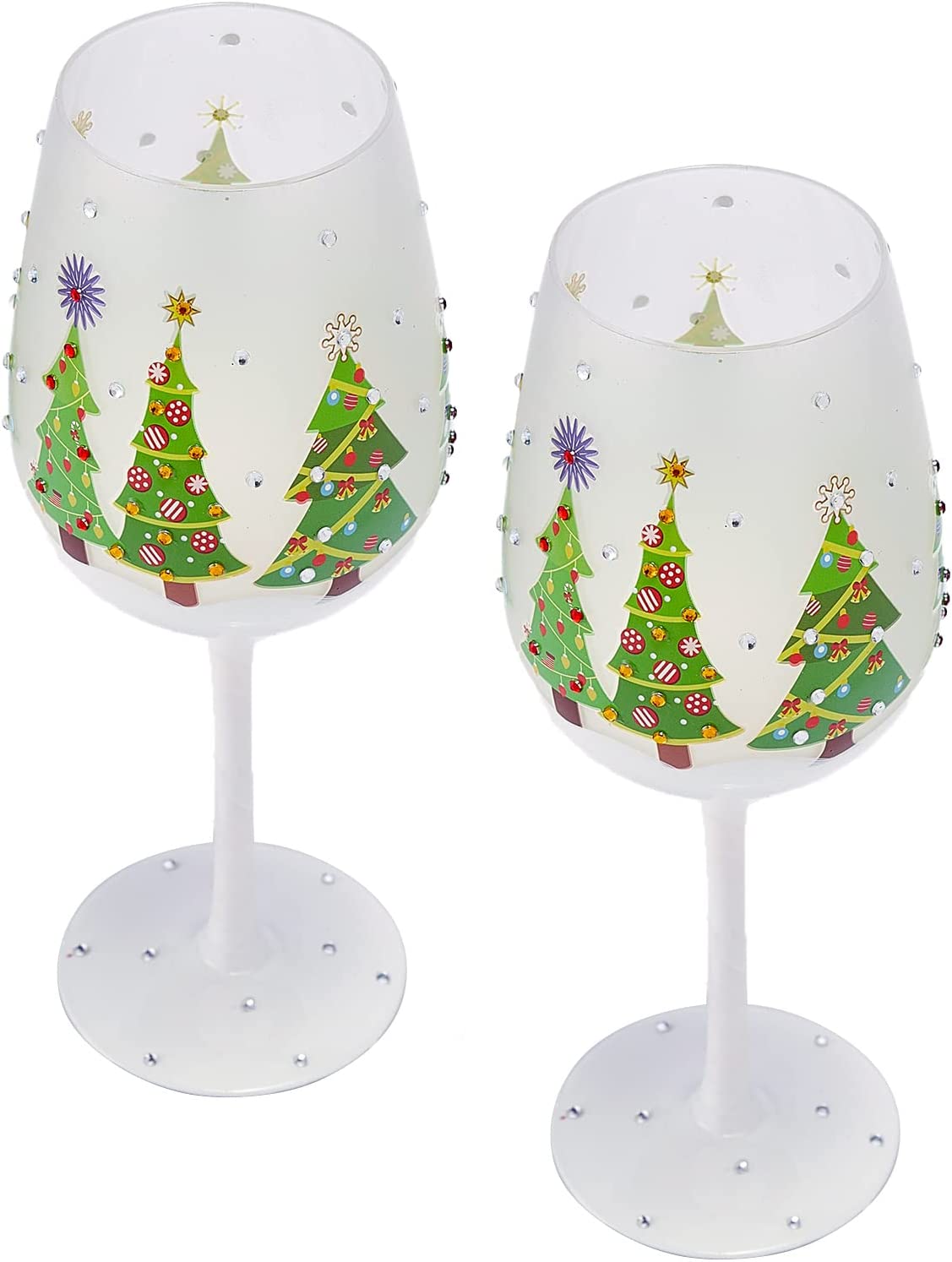 Set of 2 Stemmed Christmas Tree Design Wine Glasses - 14 oz-3
