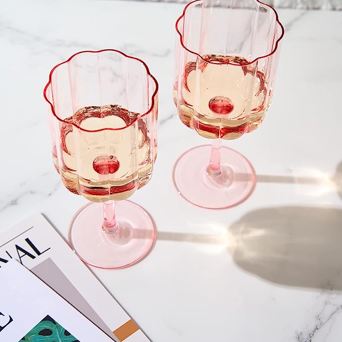 Flower Vintage Wine Glassware - Set of 2-13 oz (Pink)-2